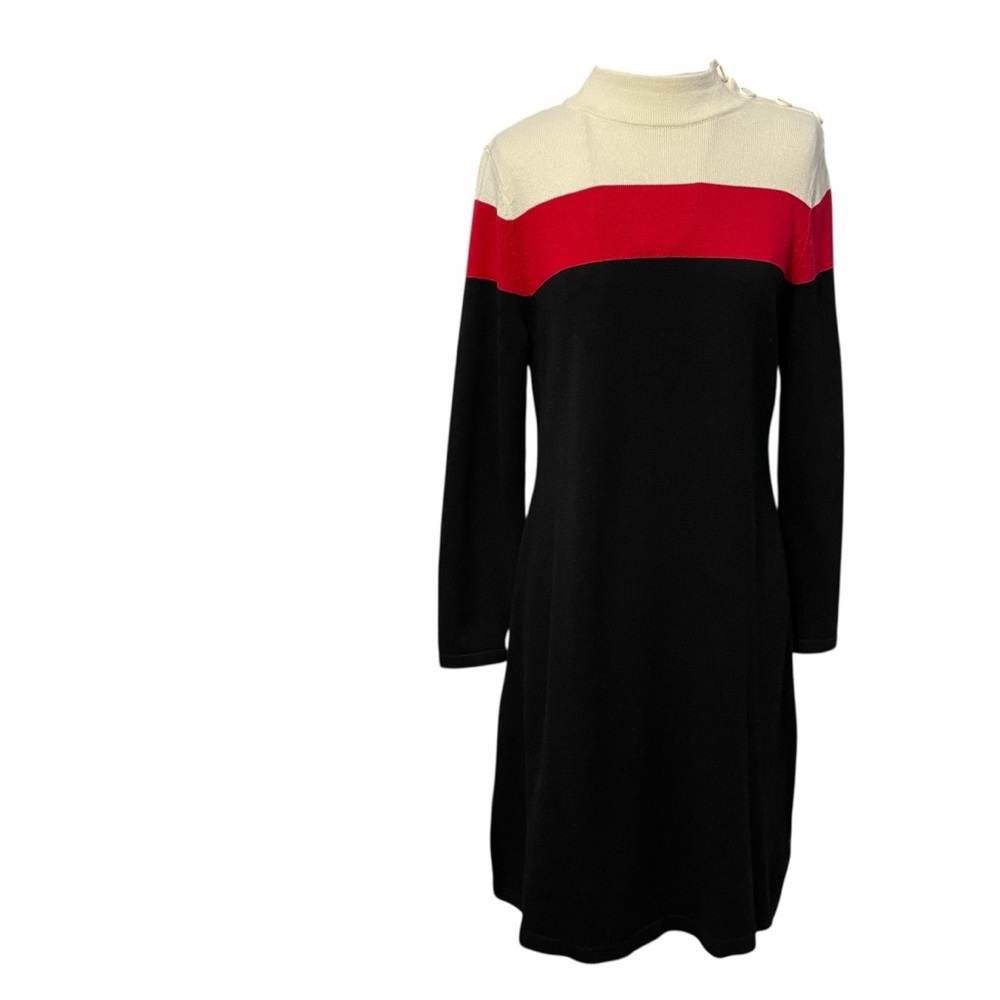 Talbots Black Red and Winter White Cotton Cashmere Sweater Knit Dress LP
